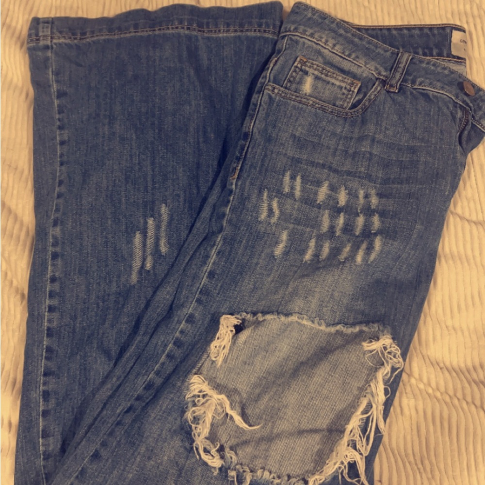 Blue Boyfriend Jeans with Distressing and Fading
